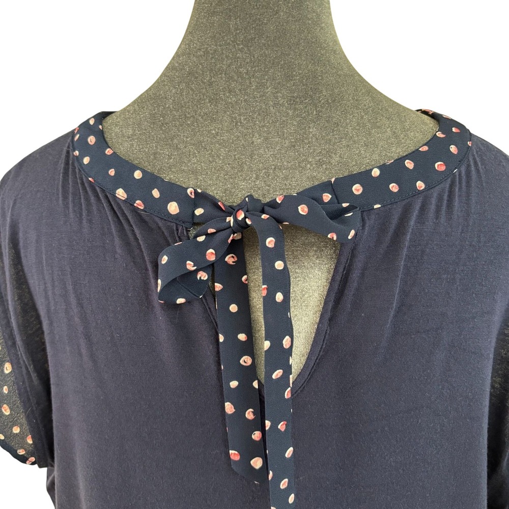 FORTUNE + IVY - Navy Polka Dot Keyhole Cap Sleeve Tie Back Blouse Women's Size L - Picture 5 of 13
